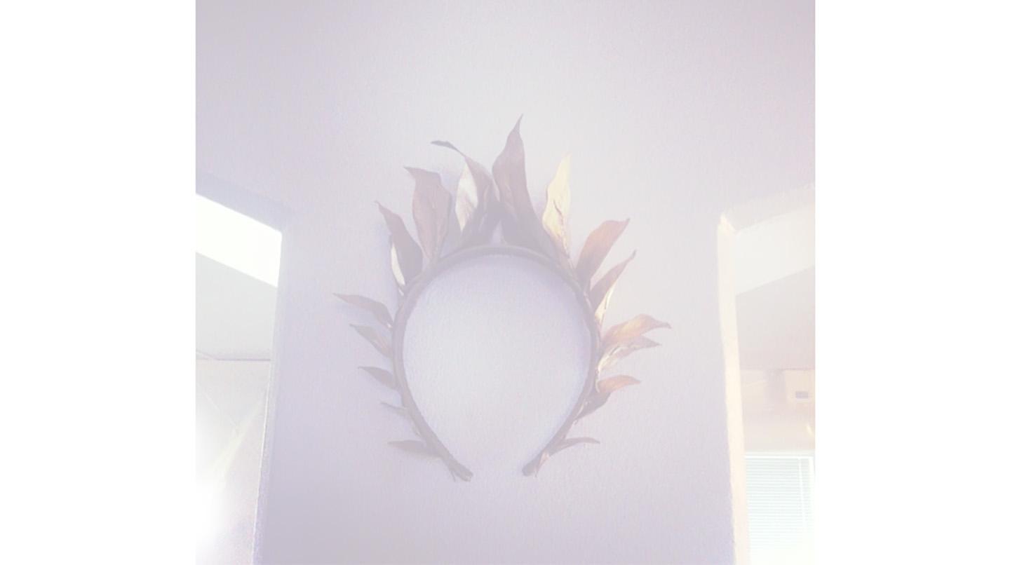 A tiara with gold-colored leaves glued on in the shape of a crown hung on a wall