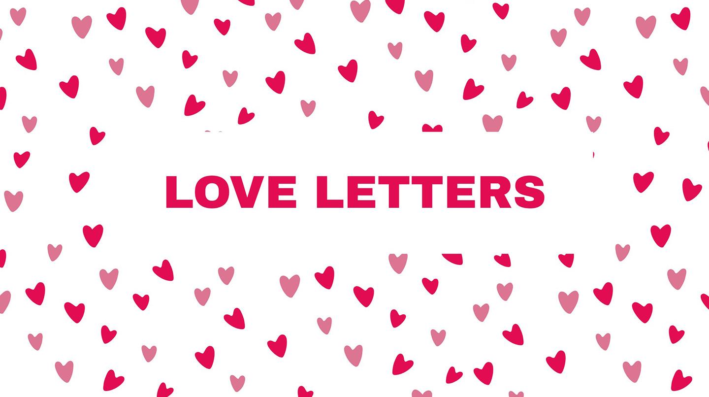 Illustration med röda och rosa hjärtan samt texten "love letters". 