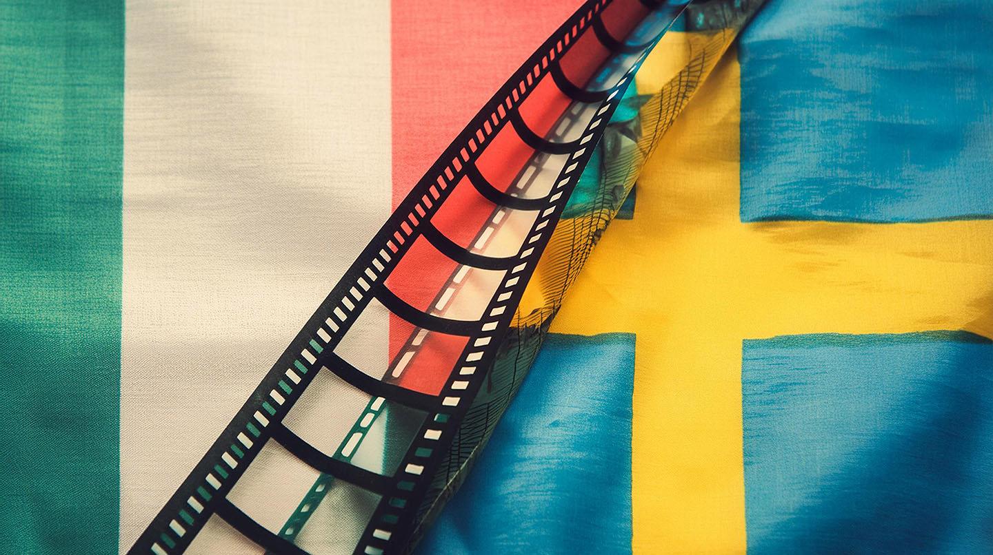A film strip on top of a collage with the Italian and Swedish flags