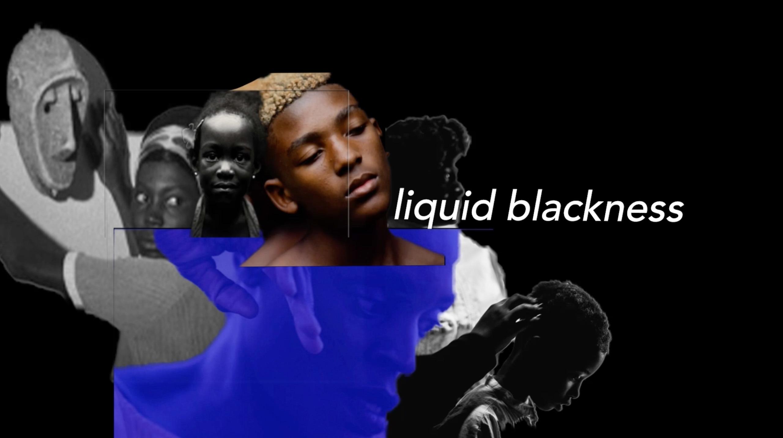 Tre personer, blått och svart och en text ”liquid blackness project”